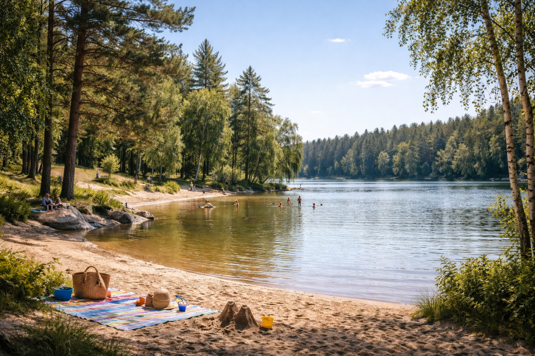 Långgrund strand i lugn vik med möjlighet att bada. Perfekt plats för EasyTrail handikappbad.