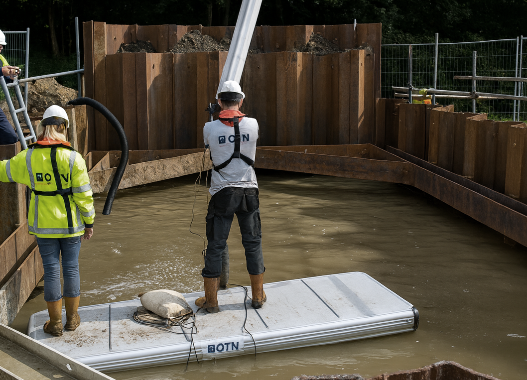 EasyFloat® arbetsflotte placerad vid en damm i Belgien med arbetare på flotten