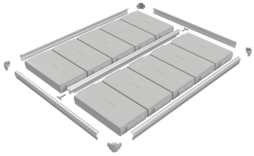 Illustratie van EasyFloat steigersysteem met drijfblokken, T-profielen en C-profielen