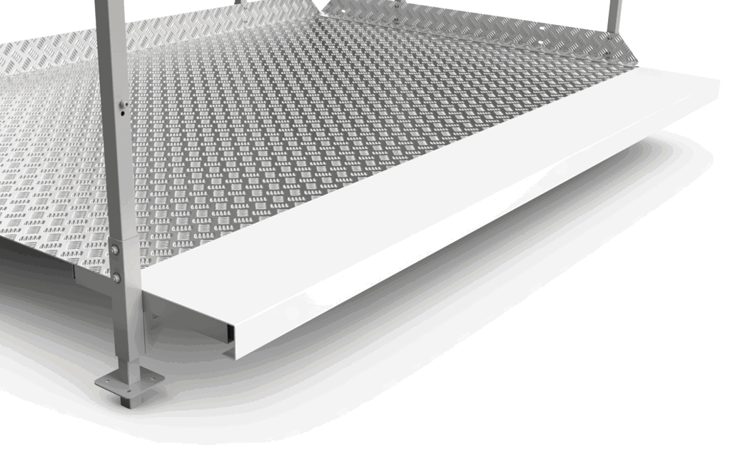 Närbild på EasyTrail-badrampens stödben och vit markering. Del av Floattechs tillgänglighetslösning för bad.