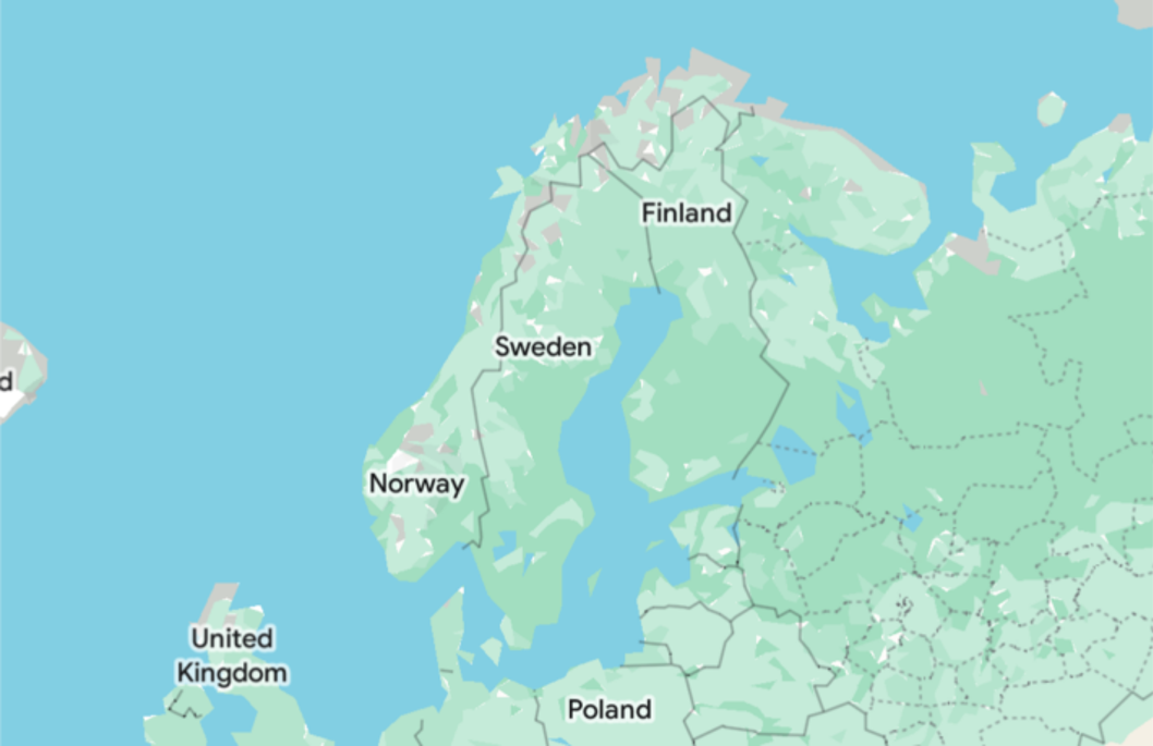 Wereldkaart met focus op Noord-Europa, inclusief Verenigd Koninkrijk, Noorwegen, Zweden, Finland en Polen